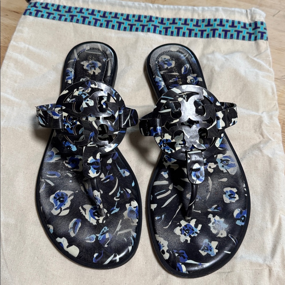 Tory Burch Black and Blue Floral Sandals